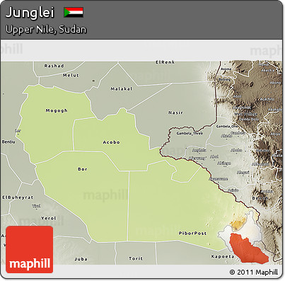 Physical 3D Map of Junglei, semi-desaturated
