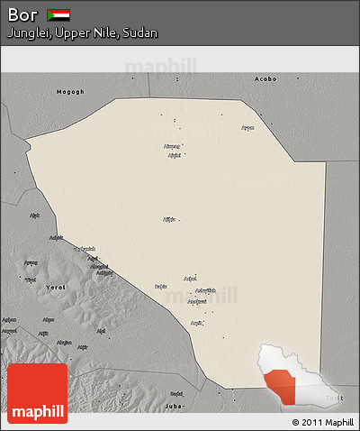 Shaded Relief 3D Map of Bor, darken, semi-desaturated