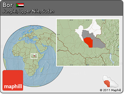 Savanna Style Location Map of Bor, highlighted parent region, highlighted grandparent region, hill shading