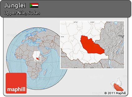 Gray Location Map of Junglei, highlighted country, hill shading