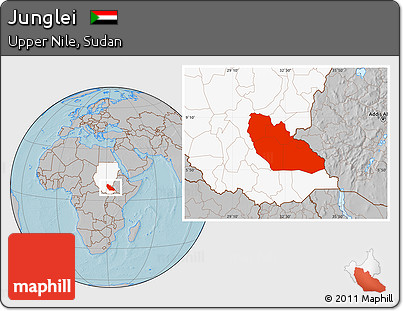 Gray Location Map of Junglei, highlighted country, hill shading