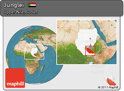 Satellite Location Map of Junglei, highlighted country, highlighted parent region, within the entire country
