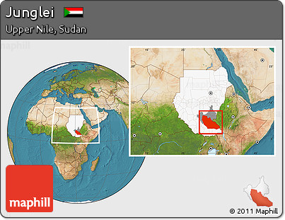 Satellite Location Map of Junglei, highlighted country, highlighted parent region, within the entire country