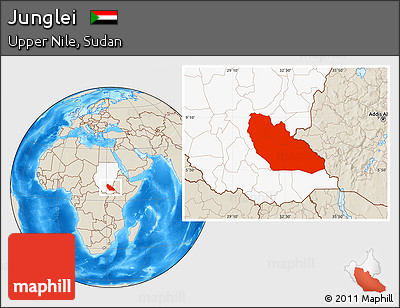 Shaded Relief Location Map of Junglei, highlighted country
