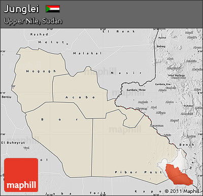Shaded Relief Map of Junglei, desaturated