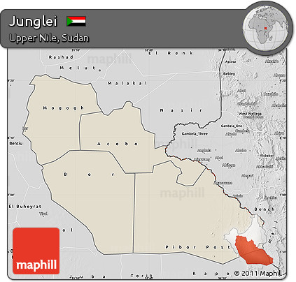 Shaded Relief Map of Junglei, desaturated