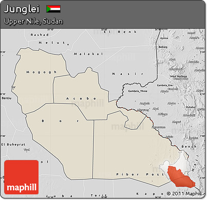 Shaded Relief Map of Junglei, desaturated