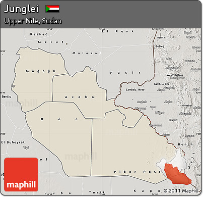 Shaded Relief Map of Junglei, semi-desaturated