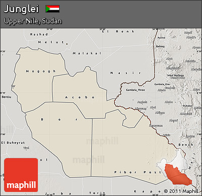 Shaded Relief Map of Junglei, semi-desaturated