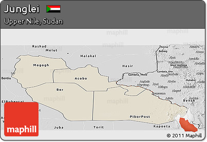 Shaded Relief Panoramic Map of Junglei, desaturated