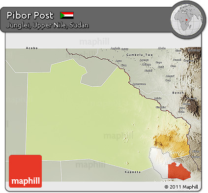 Physical 3D Map of Pibor Post, semi-desaturated