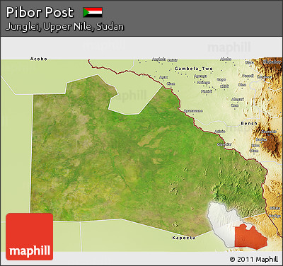 Satellite 3D Map of Pibor Post, physical outside