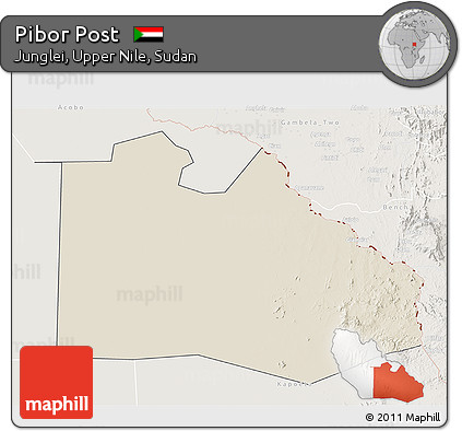 Shaded Relief 3D Map of Pibor Post, lighten