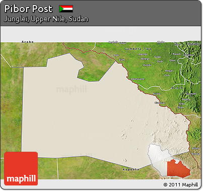 Shaded Relief 3D Map of Pibor Post, satellite outside