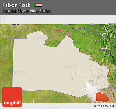 Shaded Relief 3D Map of Pibor Post, satellite outside