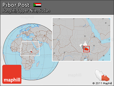 Gray Location Map of Pibor Post, highlighted parent region, highlighted grandparent region, within the entire country