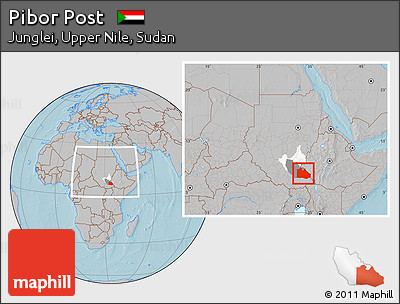 Gray Location Map of Pibor Post, highlighted parent region, highlighted grandparent region, within the entire country, hill shading