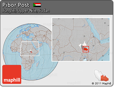 Gray Location Map of Pibor Post, highlighted parent region, highlighted grandparent region, within the entire country, hill shading