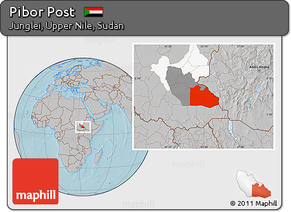 Gray Location Map of Pibor Post, highlighted parent region, highlighted grandparent region, hill shading