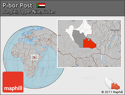 Gray Location Map of Pibor Post, highlighted parent region, highlighted grandparent region, hill shading