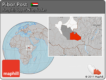 Gray Location Map of Pibor Post, highlighted parent region, highlighted grandparent region, hill shading