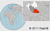Gray Location Map of Pibor Post, highlighted parent region, highlighted grandparent region, hill shading
