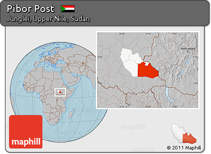 Gray Location Map of Pibor Post, highlighted parent region, hill shading