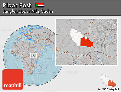 Gray Location Map of Pibor Post, highlighted parent region, hill shading