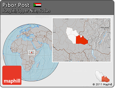 Gray Location Map of Pibor Post, highlighted parent region, hill shading