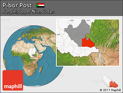 Satellite Location Map of Pibor Post, highlighted country, highlighted grandparent region