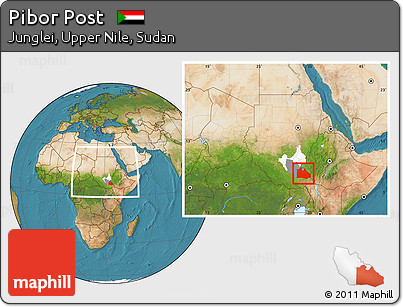 Satellite Location Map of Pibor Post, highlighted parent region, highlighted grandparent region, within the entire country