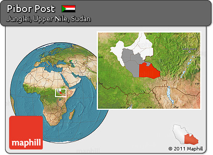 Satellite Location Map of Pibor Post, highlighted parent region, highlighted grandparent region