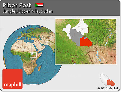 Satellite Location Map of Pibor Post, highlighted parent region, highlighted grandparent region