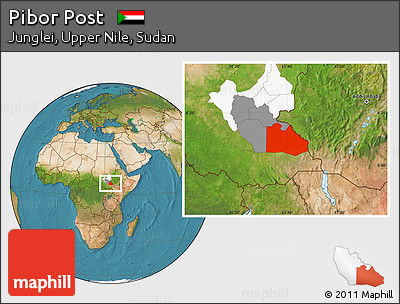 Satellite Location Map of Pibor Post, highlighted parent region, highlighted grandparent region