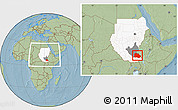Savanna Style Location Map of Pibor Post, highlighted country, highlighted grandparent region, within the entire country, hill shading