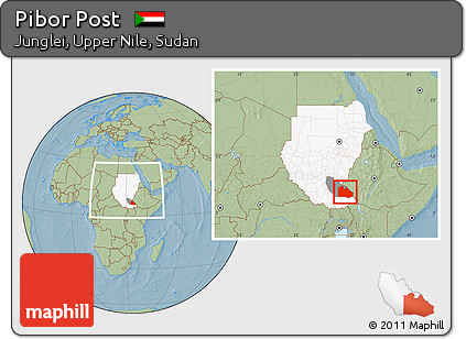 Savanna Style Location Map of Pibor Post, highlighted country, highlighted parent region, within the entire country, hill shading
