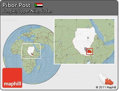 Savanna Style Location Map of Pibor Post, highlighted country, highlighted parent region, within the entire country, hill shading