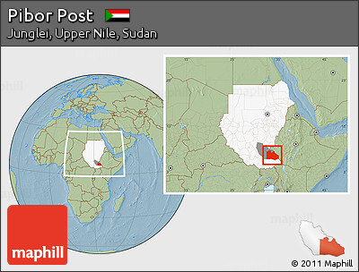 Savanna Style Location Map of Pibor Post, highlighted country, highlighted parent region, within the entire country, hill shading