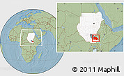 Savanna Style Location Map of Pibor Post, highlighted country, highlighted parent region, within the entire country, hill shading
