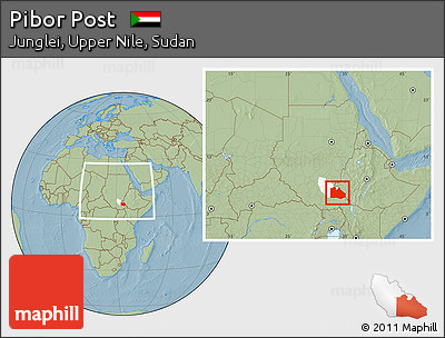 Savanna Style Location Map of Pibor Post, highlighted parent region, within the entire country, hill shading