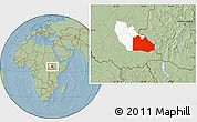 Savanna Style Location Map of Pibor Post, highlighted parent region, hill shading
