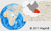 Shaded Relief Location Map of Pibor Post, highlighted country, highlighted grandparent region