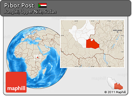 Shaded Relief Location Map of Pibor Post, highlighted grandparent region