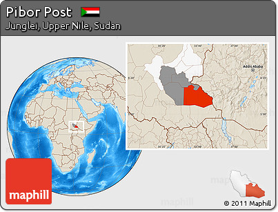 Shaded Relief Location Map of Pibor Post, highlighted parent region, highlighted grandparent region