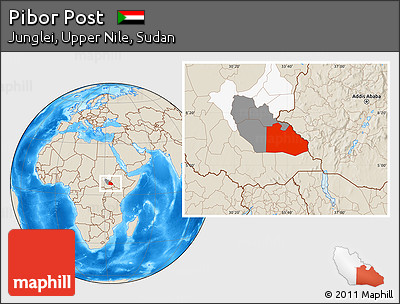 Shaded Relief Location Map of Pibor Post, highlighted parent region, highlighted grandparent region
