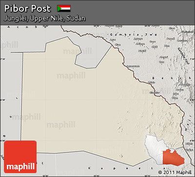 Shaded Relief Map of Pibor Post, semi-desaturated