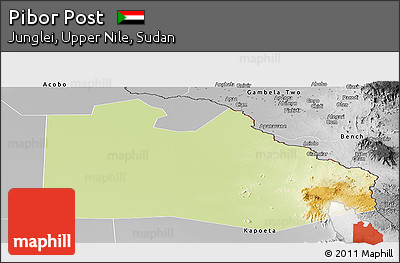 Physical Panoramic Map of Pibor Post, desaturated