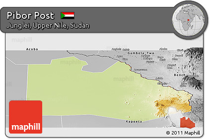Physical Panoramic Map of Pibor Post, desaturated