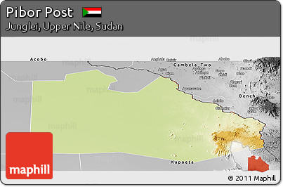 Physical Panoramic Map of Pibor Post, desaturated