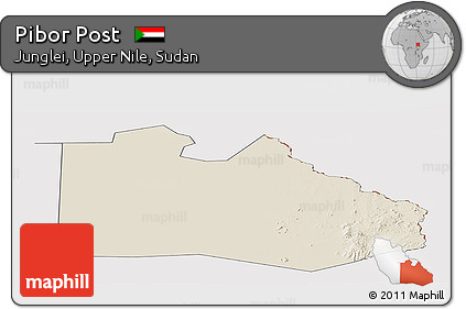 Shaded Relief Panoramic Map of Pibor Post, cropped outside